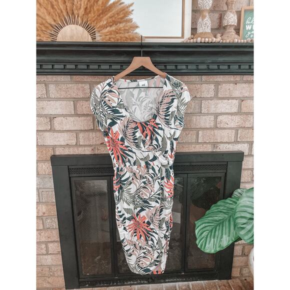 Mama Licious Tess Palm Leaf Surplice Stretch Midi Dress Maternity Large - Picture 1 of 8